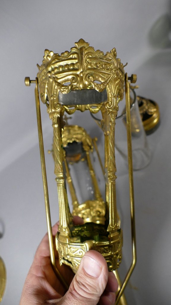 Pair Of Procession Lanterns In Gilded Brass And Glass, XIXth Time-photo-1