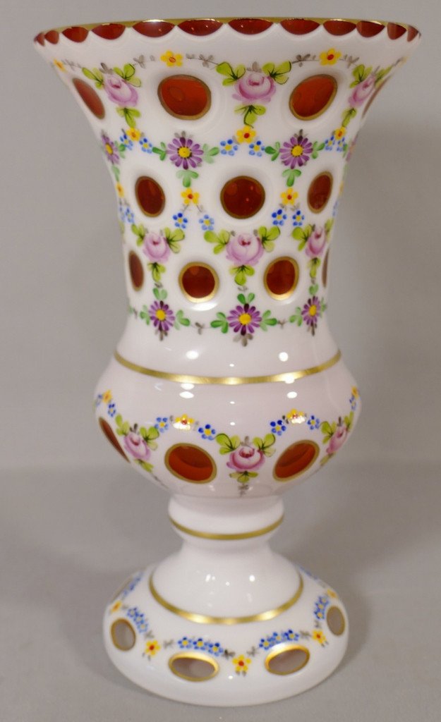 Hand Painted Bohemian Crystal Overlay Medici Vase, Early Twentieth Time
