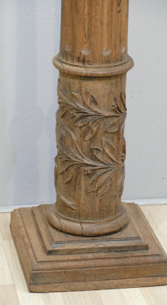 Presentation Column In Solid Oak Carved With Laurels, XIXth Time-photo-2