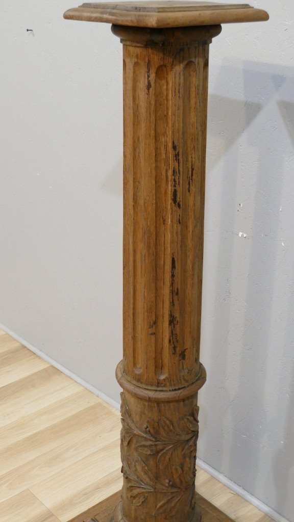 Presentation Column In Solid Oak Carved With Laurels, XIXth Time-photo-4