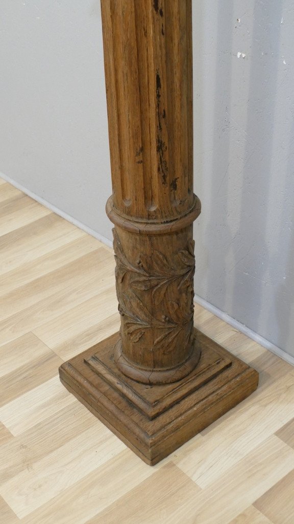 Presentation Column In Solid Oak Carved With Laurels, XIXth Time-photo-1