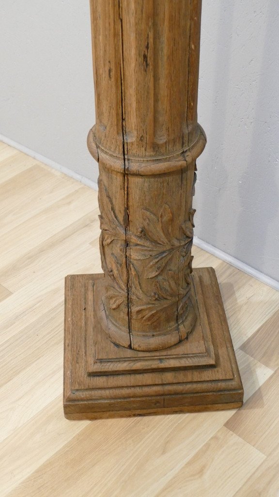 Presentation Column In Solid Oak Carved With Laurels, XIXth Time-photo-2