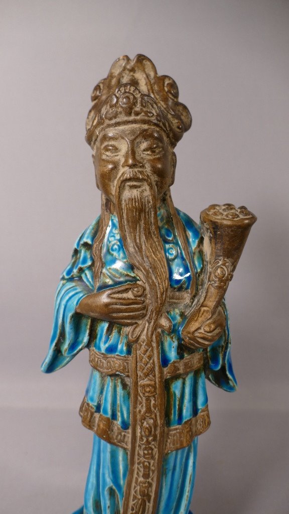 Chinese Man Statuette In Blue And Brown Enameled Ceramic, 1900s-photo-2