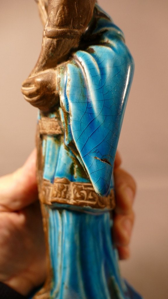 Chinese Man Statuette In Blue And Brown Enameled Ceramic, 1900s-photo-6