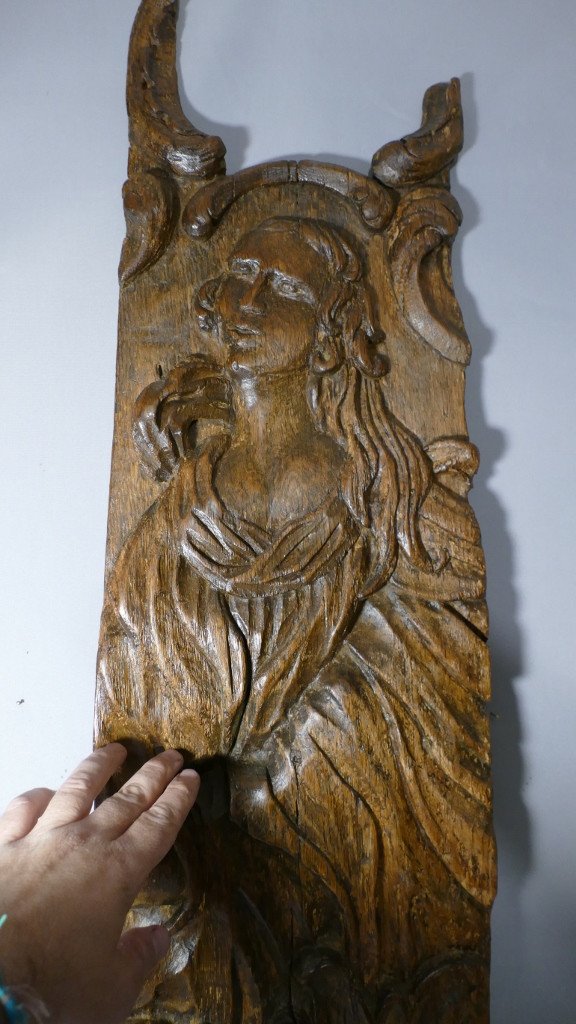 Grand Panneau En Bois Sculpté XVII ème, Femme Et Acanthe-photo-1