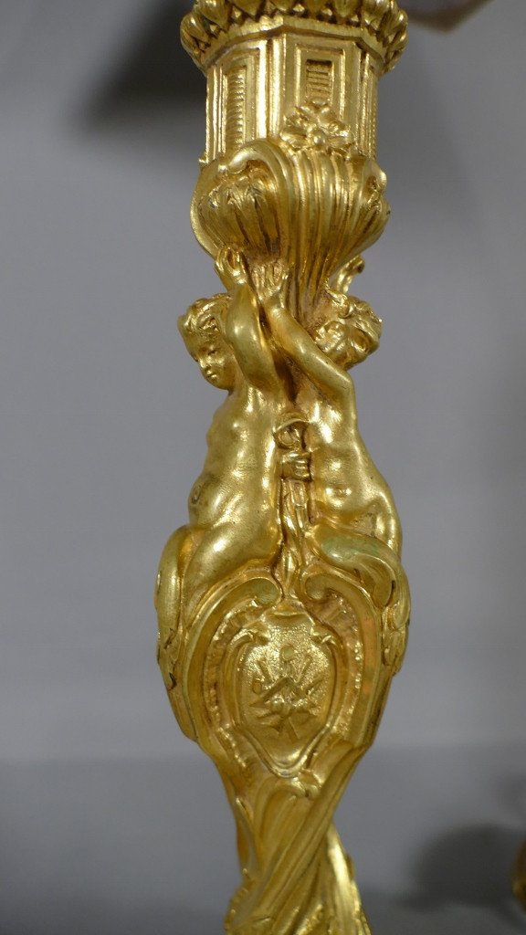 Ch. White, Gilt Bronze Lamp With Putti, Masonic Symbols, Late Nineteenth Time-photo-3