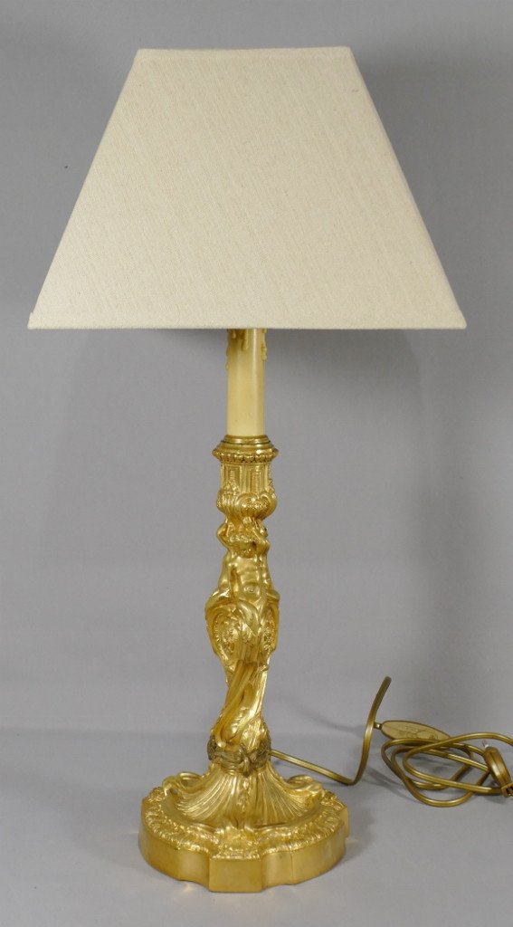 Ch. White, Gilt Bronze Lamp With Putti, Masonic Symbols, Late Nineteenth Time