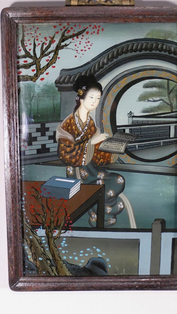 Table Fixed Under Glass, Woman Reading, Japan Early Twentieth-photo-2