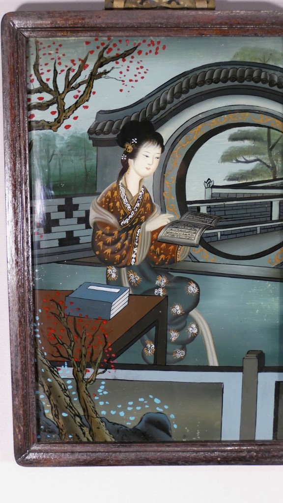 Tableau En Fixé Sous Verre, Femme à La Lecture, Japon Début XX ème-photo-2