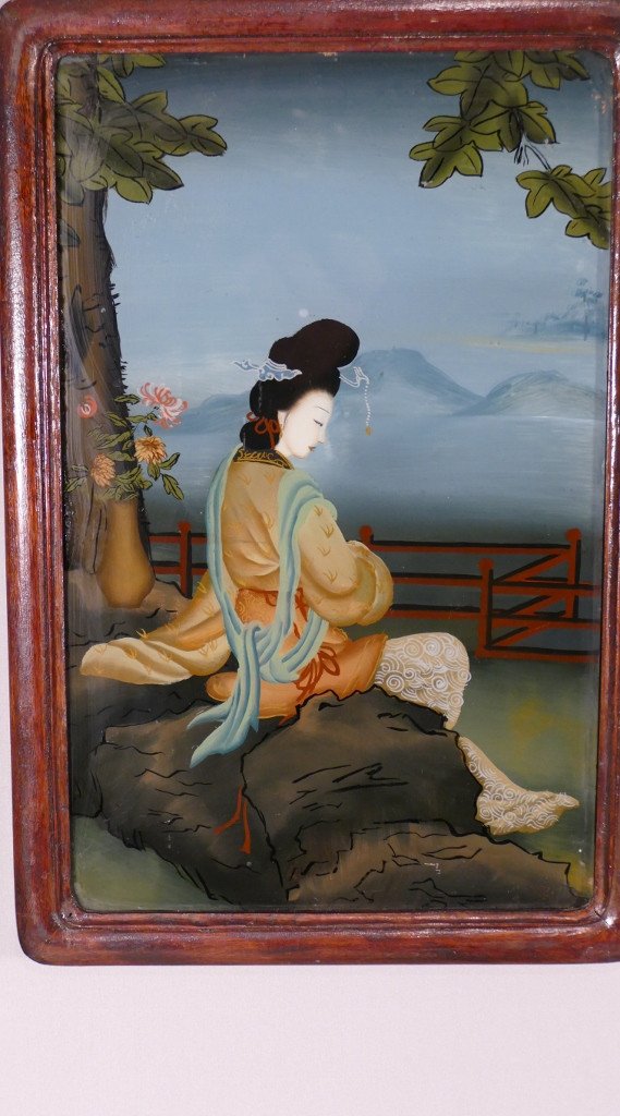 Tableau En Fixé Sous Verre, Femme à La Contemplation, Japon Début XX ème-photo-2