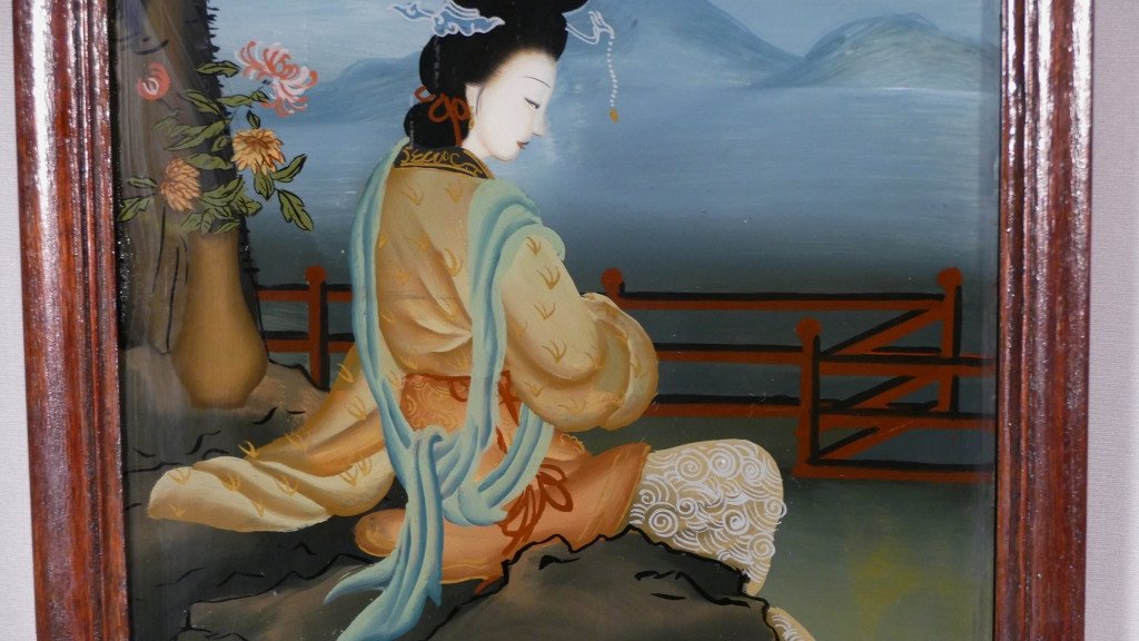 Table Fixed Under Glass, Woman In Contemplation, Japan Early Twentieth-photo-1
