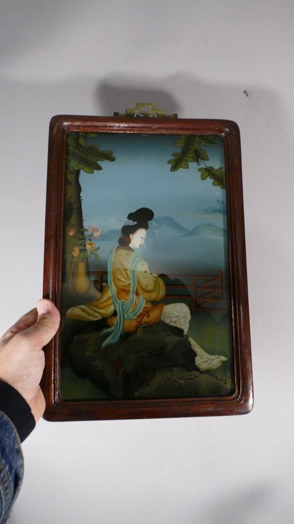 Tableau En Fixé Sous Verre, Femme à La Contemplation, Japon Début XX ème-photo-3