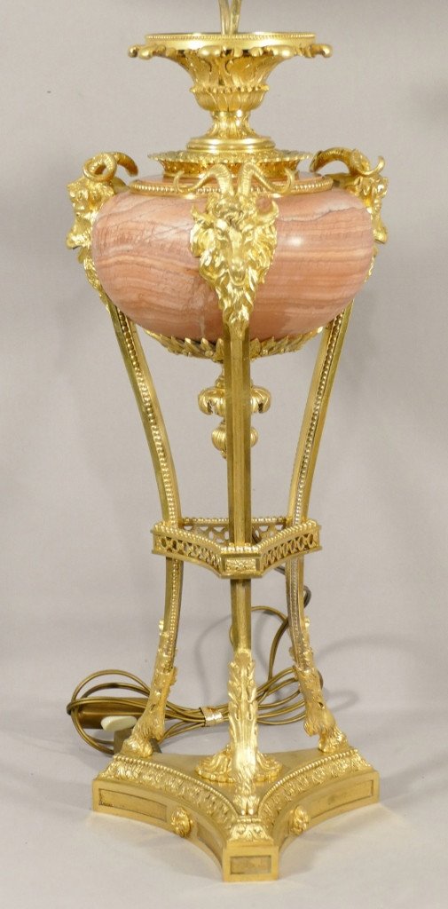 Very Large Lamp After Gouthière In Gilt Bronze With Rams And Rose Veined Mabre, XIX-photo-2