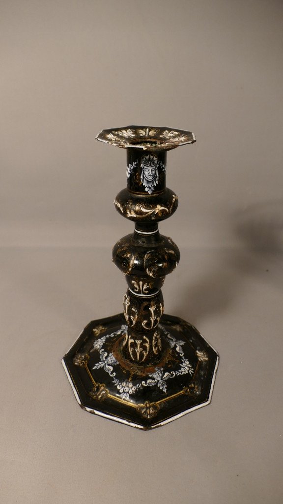 Renaissance Style Candlestick In Limoges Enamel XIXth Century-photo-2