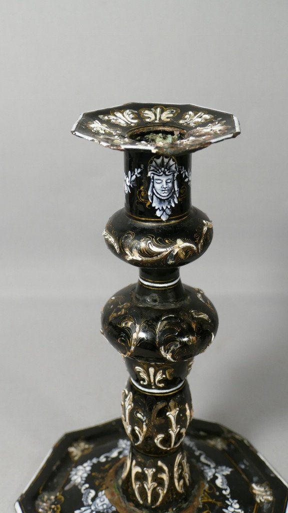 Renaissance Style Candlestick In Limoges Enamel XIXth Century-photo-4