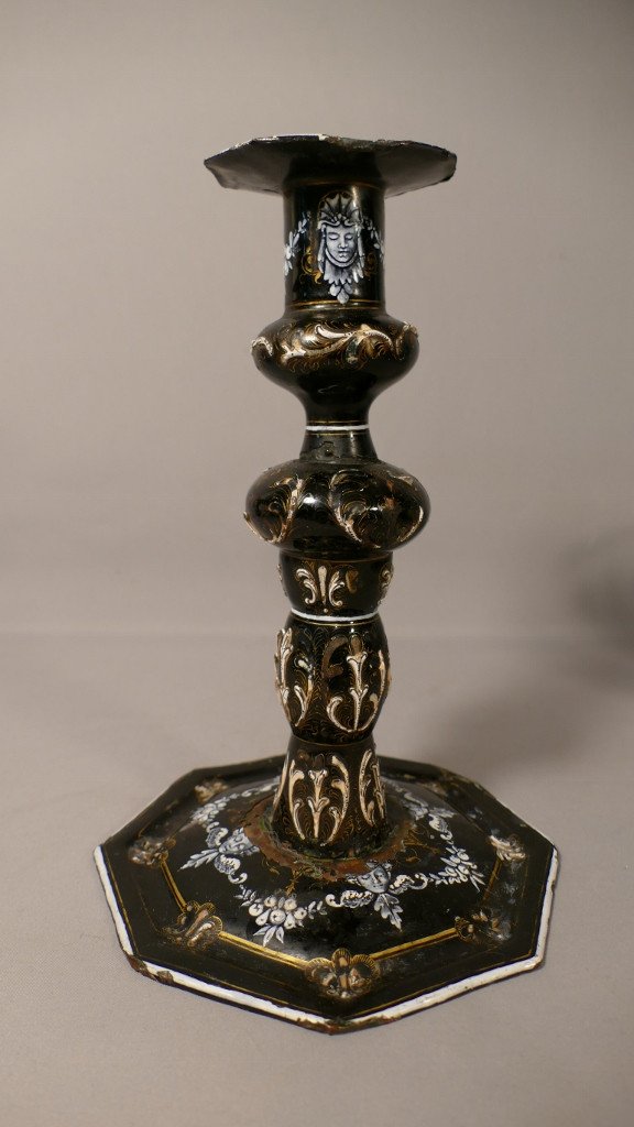 Renaissance Style Candlestick In Limoges Enamel XIXth Century