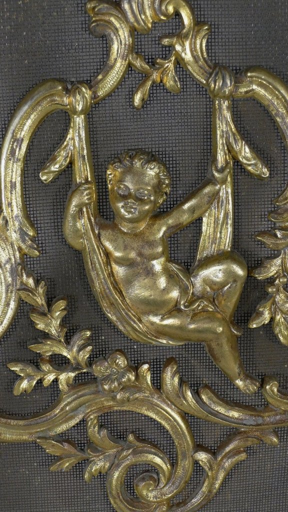 Charles Casier, Pare Feu De Cheminée En Bronze Doré Au Putto, Epoque Napoléon III, XIX ème-photo-5