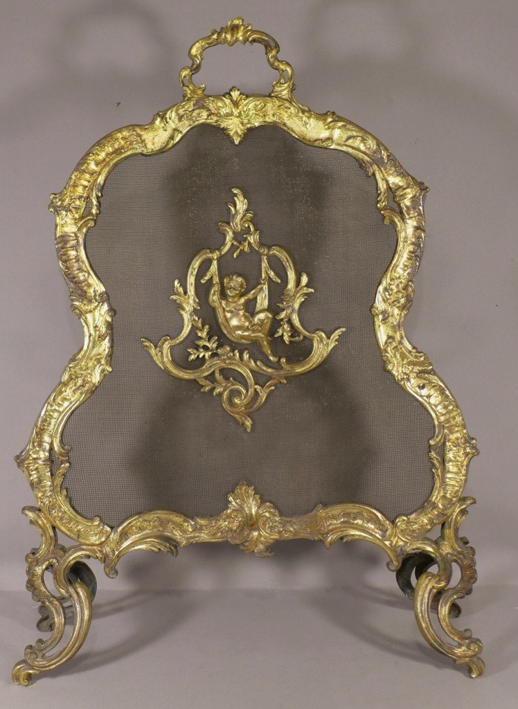 Charles Casier, Fireplace Screen In Gilt Bronze With Putto, Napoleon III Period, XIX