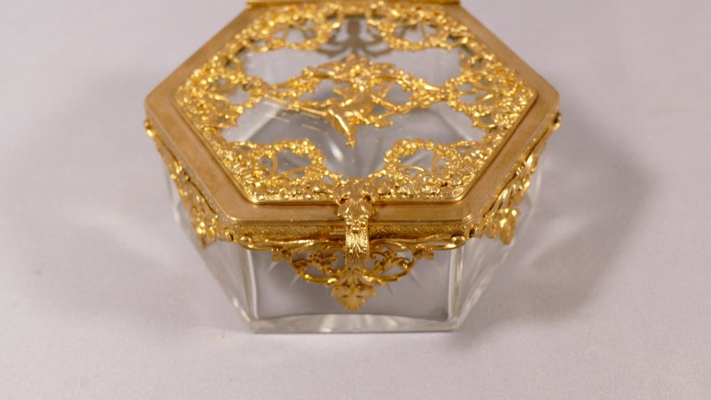 Box, Crystal Box And Gilded Brass Frame With Angelot And Doves, XIX-photo-2