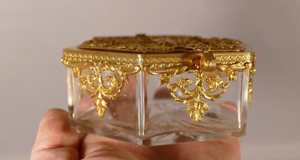 Box, Crystal Box And Gilded Brass Frame With Angelot And Doves, XIX-photo-3