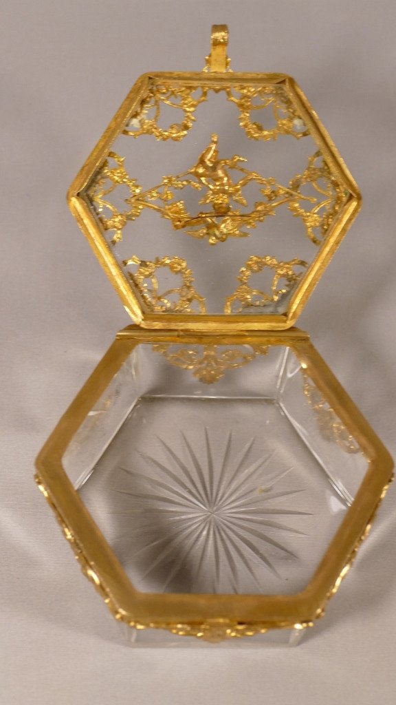 Box, Crystal Box And Gilded Brass Frame With Angelot And Doves, XIX-photo-4