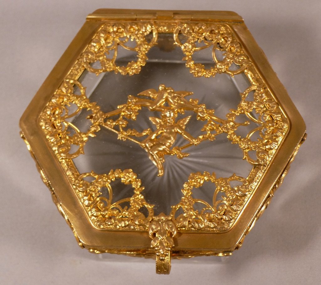 Box, Crystal Box And Gilded Brass Frame With Angelot And Doves, XIX