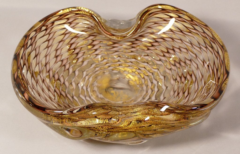 Cup Or Empty Pockets Crystal Or Glass Twisted And Gold Glitter, Murano