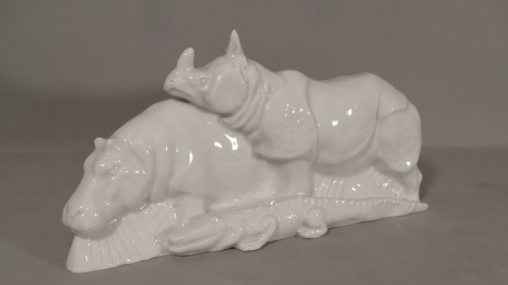 Groupe Aux Animaux d'Afrique En Porcelaine De Limoges, Hippopotame, Rhinocéros Et Crocodile-photo-2