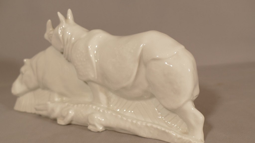 Groupe Aux Animaux d'Afrique En Porcelaine De Limoges, Hippopotame, Rhinocéros Et Crocodile-photo-3