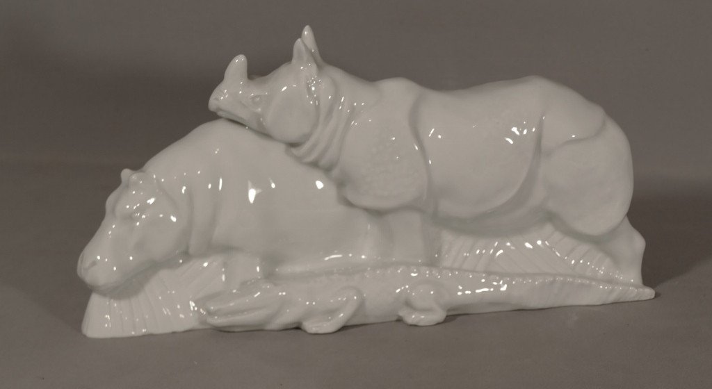 Groupe Aux Animaux d'Afrique En Porcelaine De Limoges, Hippopotame, Rhinocéros Et Crocodile