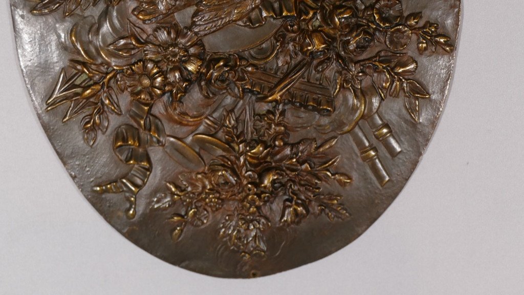 Decorative Plate In Bronze, Louis XVI Decor With Doves, Flowers And Music, Late XVIII-photo-4