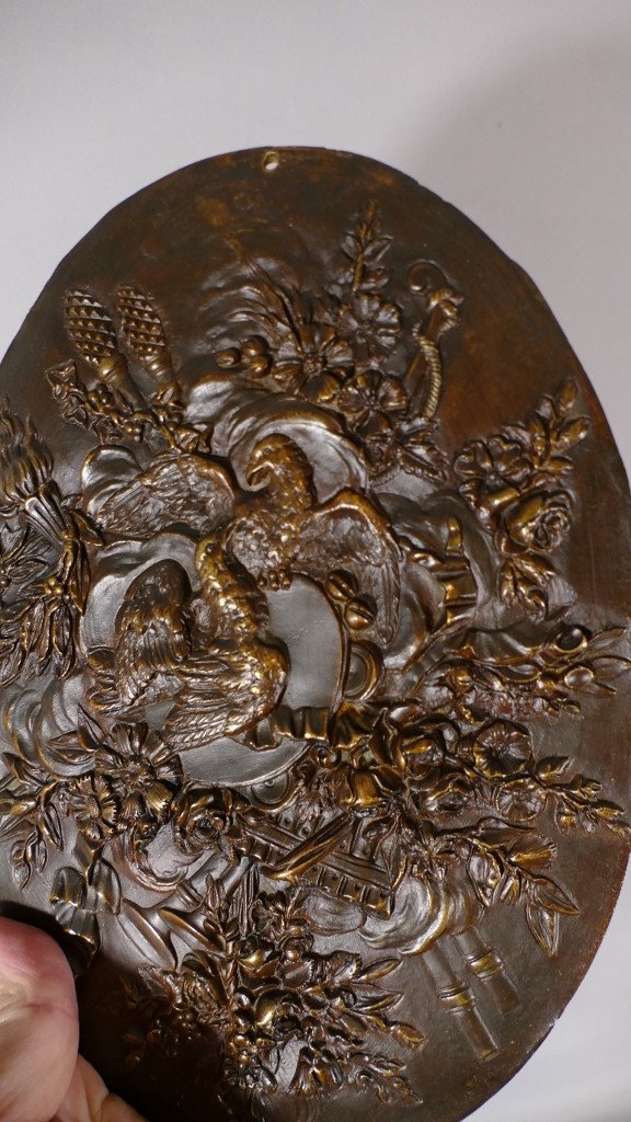 Decorative Plate In Bronze, Louis XVI Decor With Doves, Flowers And Music, Late XVIII-photo-2