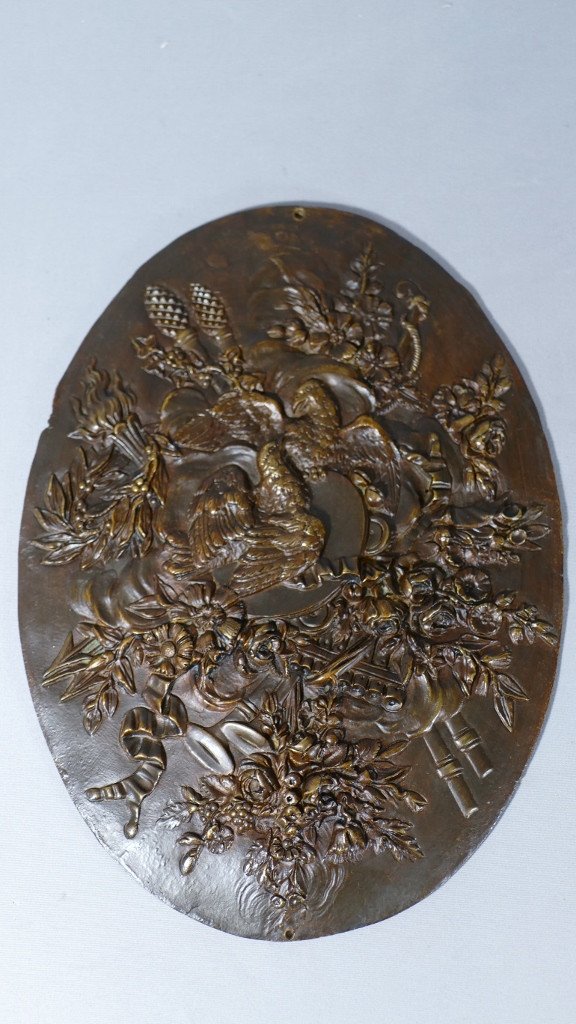 Decorative Plate In Bronze, Louis XVI Decor With Doves, Flowers And Music, Late XVIII-photo-5