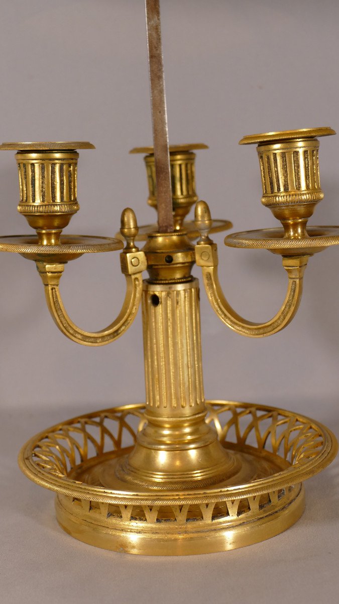Lampe Bouillotte Louis XVI Bronze Doré Et Tôle, Base Corbeille Ajourée, époque XIX ème-photo-2