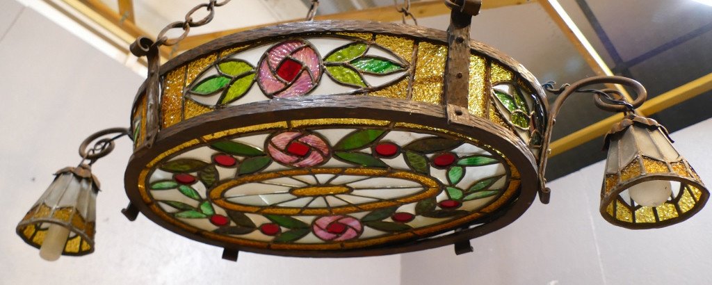 Lustre Art Déco En Vitrail, Vitraux Et Fer Forgé, époque 1930