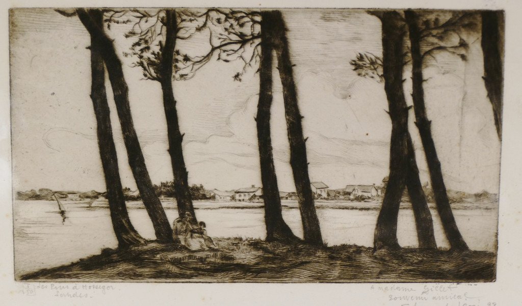 Edouard Léon, Les Pins à Hossegor, Gravure Estampe Lithographie Datée 1928-photo-2