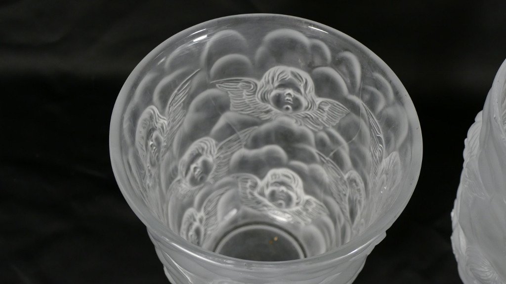 Pair Of Vases With Cherubs In Satin Crystal, Twentieth Time Lalique Taste-photo-4