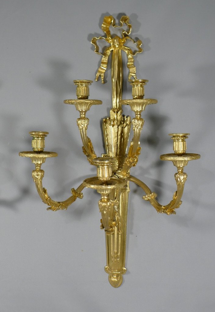 Raingo, Pair Of Louis XVI Castle Wall Lights In Gilt Bronze, 77 Cm High, XIX-photo-2