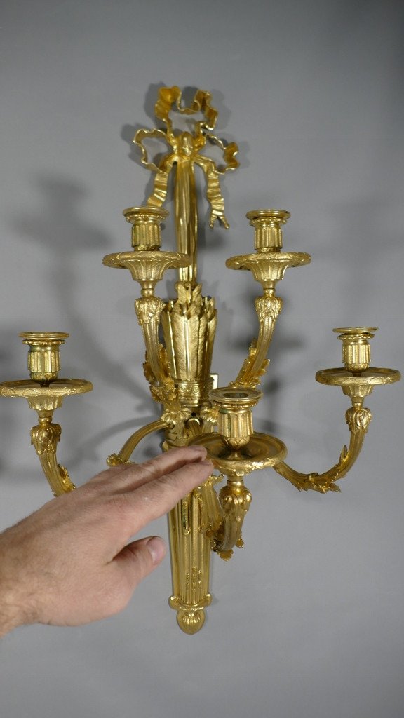 Raingo, Pair Of Louis XVI Castle Wall Lights In Gilt Bronze, 77 Cm High, XIX-photo-4