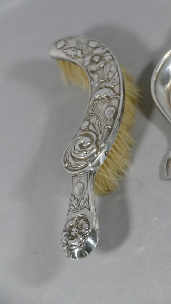 Art Nouveau Table Shovel And Broom With Poppies In Silver Metal, 1900s-photo-3