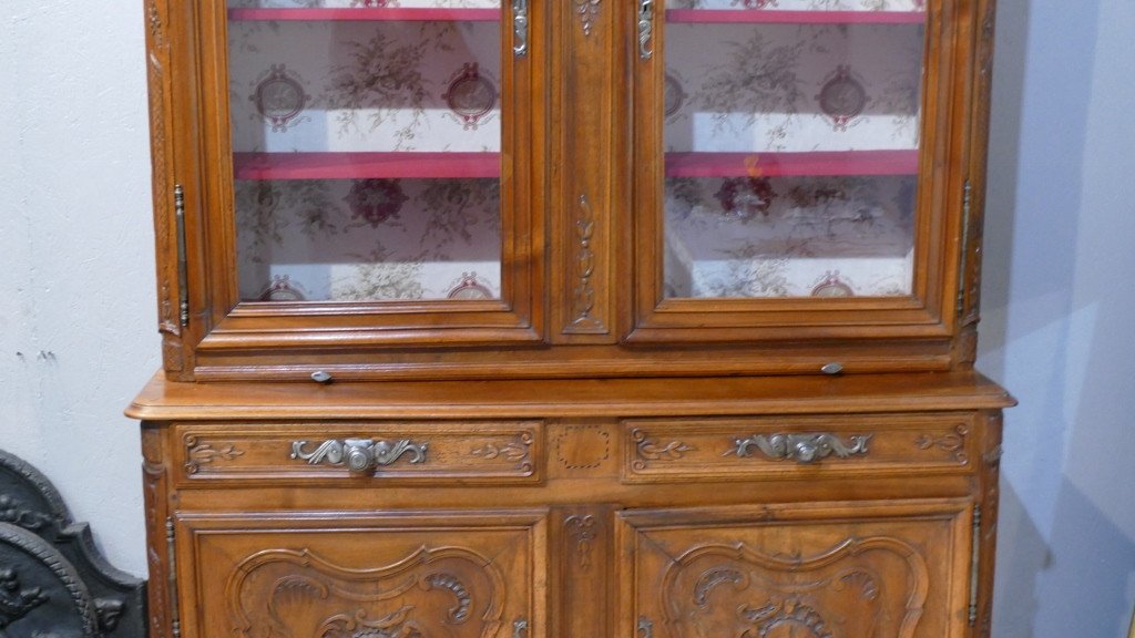 Buffet Louis XV Deux Corps Formant Vitrine En Noyer Sculpté, époque XVIII ème, Sud Ouest-photo-1