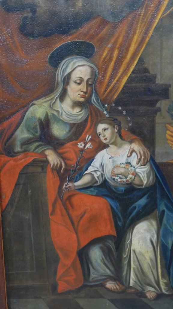Education de la Vierge par Sainte  Anne , Très Grand Tableau Religieux époque XVIII ème Siècle-photo-2