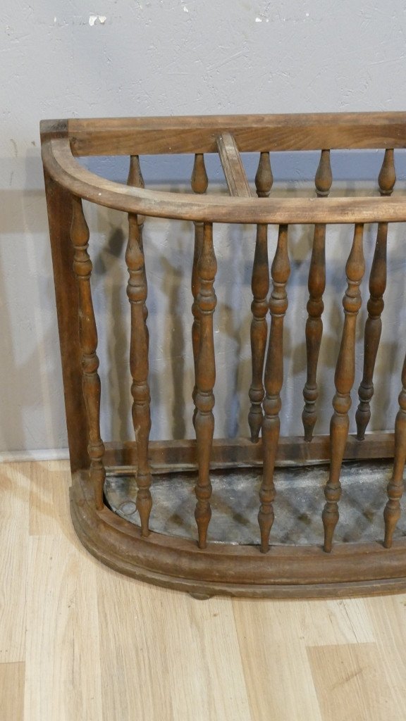 Half Moon Umbrella Stand In Natural Wood With Columns, Zinc Tray, Early 20th Century-photo-3