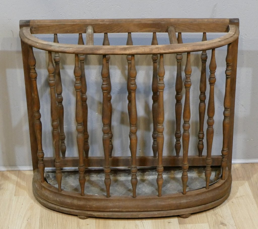 Half Moon Umbrella Stand In Natural Wood With Columns, Zinc Tray, Early 20th Century