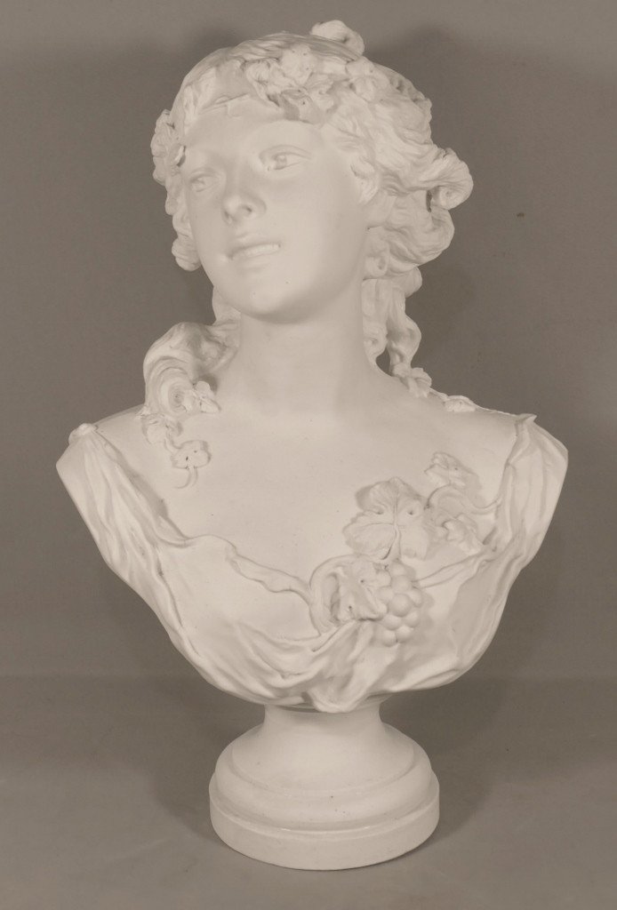 Georges Levy, Bust Of A Young Woman With Vine Branches, XIXth Porcelain Biscuit