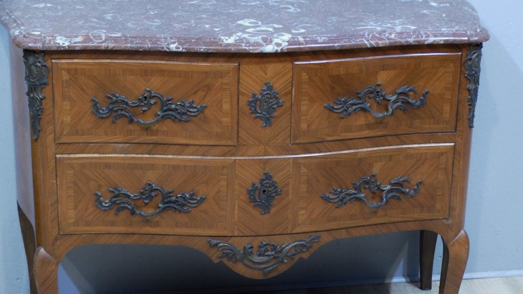 Louis XV Style Jigsaw Chest Of Drawers In Rosewood Frieze, Red Marble Top, 20th Century-photo-2