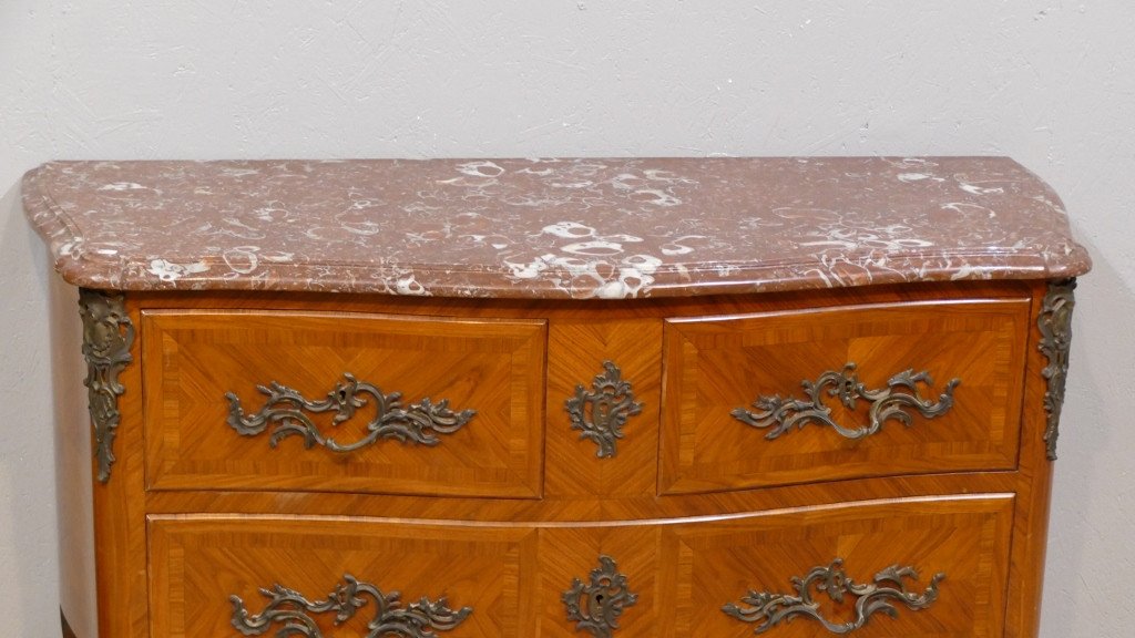 Louis XV Style Jigsaw Chest Of Drawers In Rosewood Frieze, Red Marble Top, 20th Century-photo-3