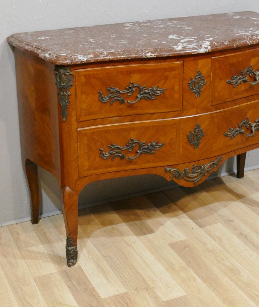 Commode Sauteuse De Style Louis XV En Frisage De Bois De Rose, Dessus Marbre Rouge, XX ème-photo-4