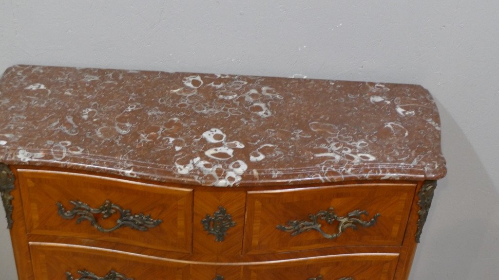 Louis XV Style Jigsaw Chest Of Drawers In Rosewood Frieze, Red Marble Top, 20th Century-photo-1
