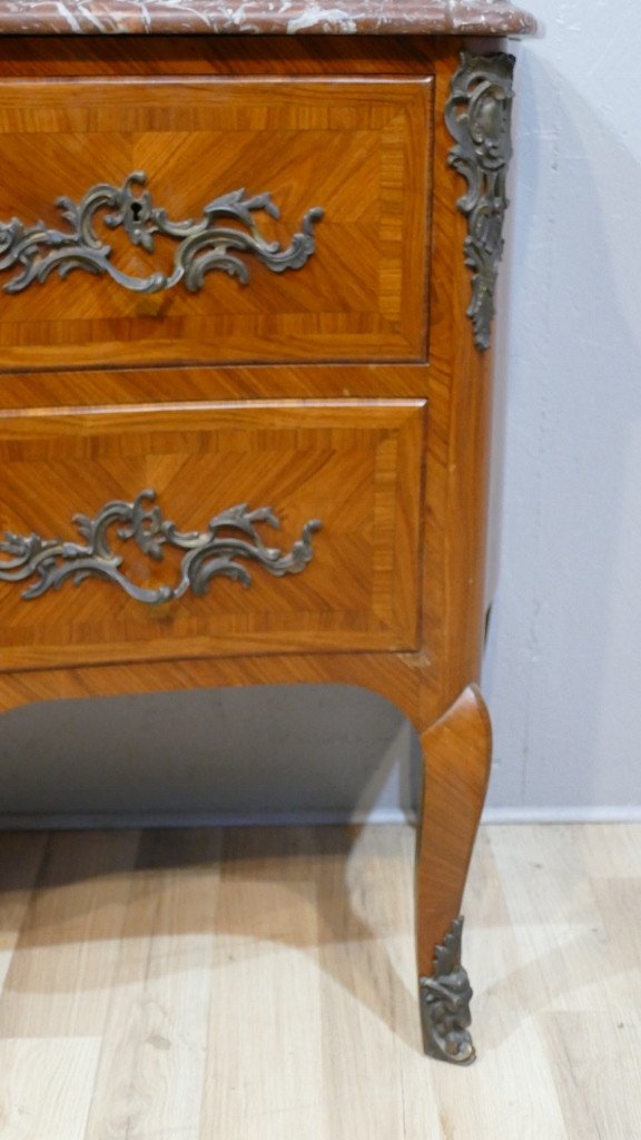 Louis XV Style Jigsaw Chest Of Drawers In Rosewood Frieze, Red Marble Top, 20th Century-photo-2